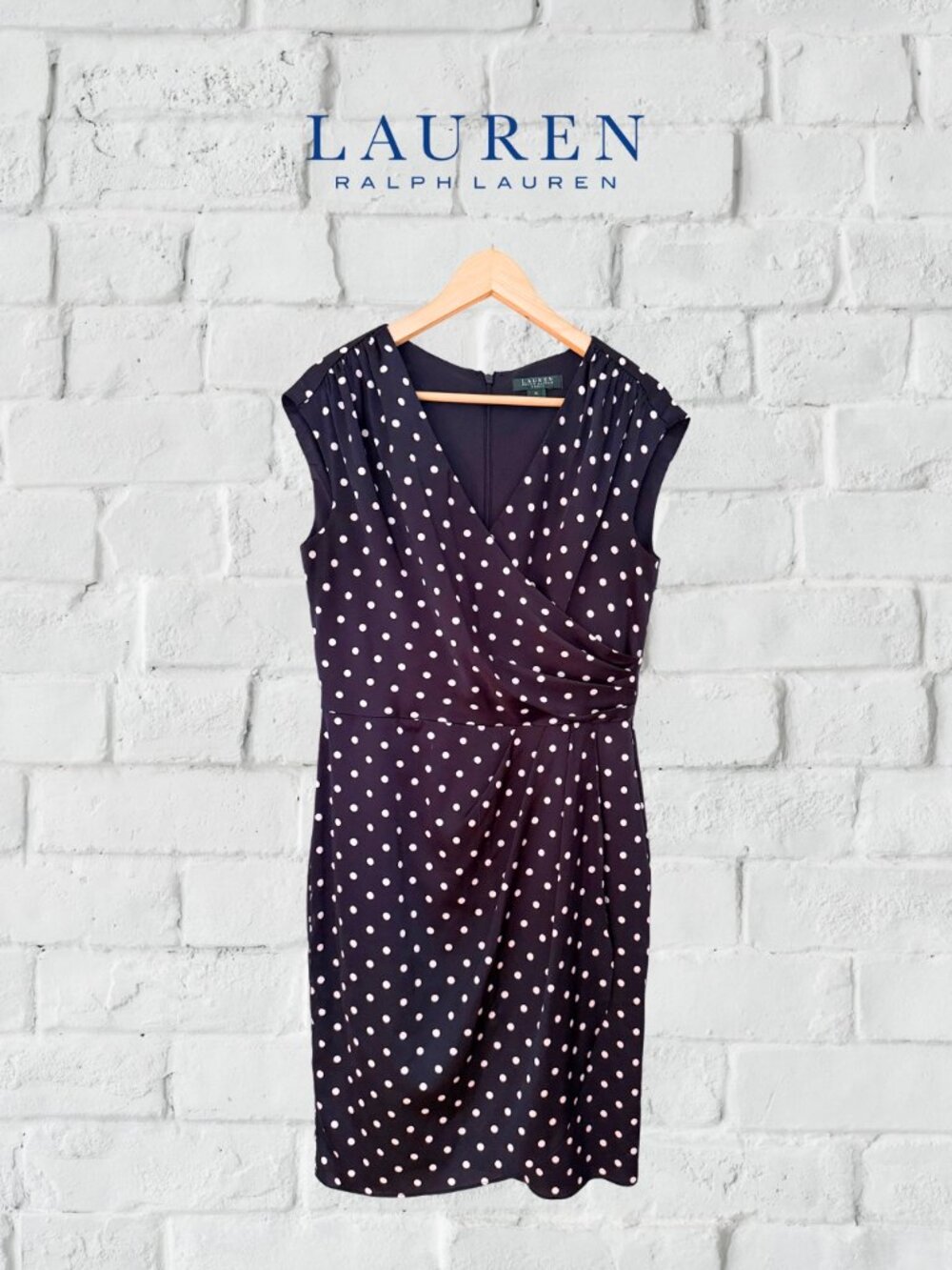 Lauren Ralph Lauren Navy Polka Dot Faux-Wrap Dress | Size 10